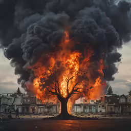 a large fire is shown coming from behind a black cloud