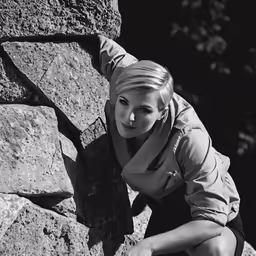 a woman in short pants leaning against rocks