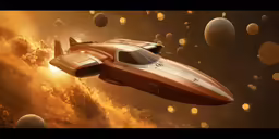 an orange, futuristic plane flying through a bunch of balls of smoke