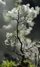 a tree in the midst of clouds and trees in front of a dark sky
