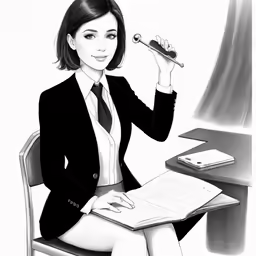 a drawing of a woman sitting in front of a desk