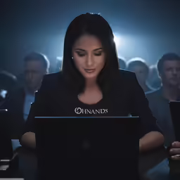 a woman is sitting at a table with a laptop in front of her