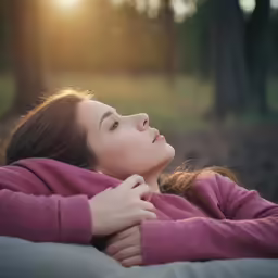 the woman is sleeping down in a forest