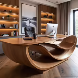 the home office desk is made with an intricate wooden design