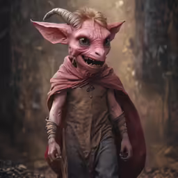 a red demon with big blue eyes in the woods