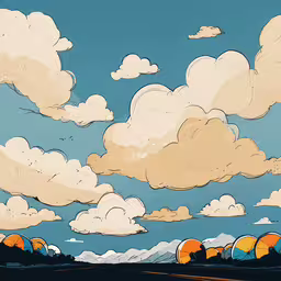 an animated of a street scene with many umbrellas,some big clouds and a road on a sunny day