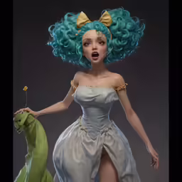 an alien - like person, dressed in white and green hair, stands near a piece of clothing