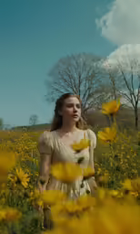a woman stands in the middle of a field with flowers