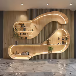 a curved shelf is set into the wall behind a wall - mounted bookcase