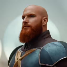 a man in armor and wearing a red beard