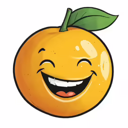 an orange with a smile with green leaves on it