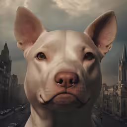 a white dog with big ears looks at the camera