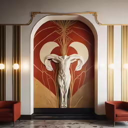 an art deco decorated room with a crucifix and a couch