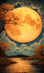 an illustration of a large full moon over a lake