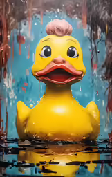 a rubber duck with a pink wig in a pond