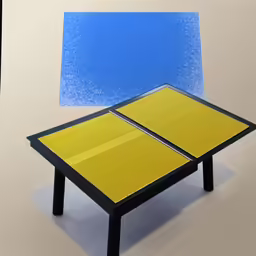 two tables on the same side with a blue and yellow painted background