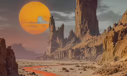 a desert scene with a river and large rock formations