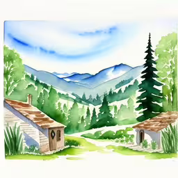 an illustration of a mountain scene with cabin