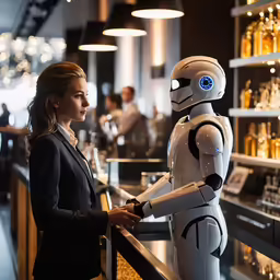 a woman talking to a robot in a bar