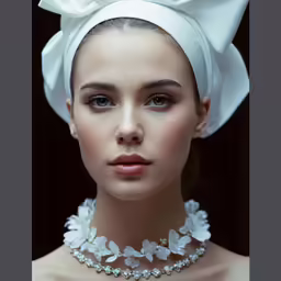 a woman wearing white jewelry with a large bow