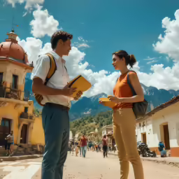 a man and a woman are holding folders in the street