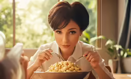 a woman in a white shirt holding a fork in a bowl