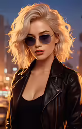 a woman wearing black sunglasses and a leather jacket