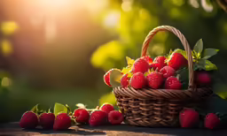 berries in a basket and some leaves on the ground