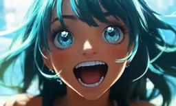 anime girl with very blue eyes making the face