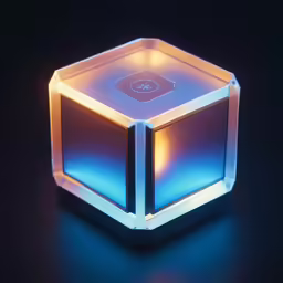 a cube - shaped blue and white object lit up against a black background