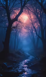 a river runs through a forest covered in fog