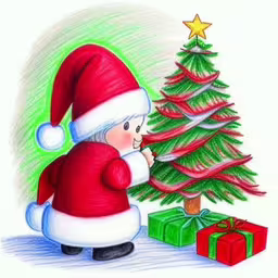 a drawing of a santa holding the tree,a drawing of a santa clause decorating a christmas tree,santa and the little fir tree are both present boxes,a drawing of a santa claus is near a christmas tree,drawing of santa claus near christmas tree with presents