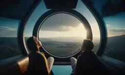 two people look out from inside a space shuttle
