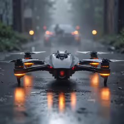 a small flying car with two lights on the side of it