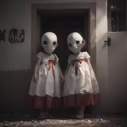 two little girls in identical dresses are standing in front of a door