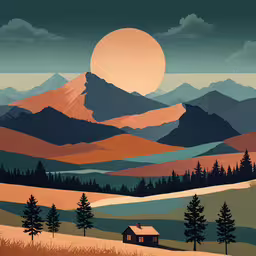 a very nice poster of mountains at sunset,an artistic painting of a landscape with mountains, a cabin, and a house