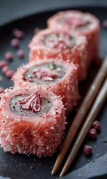 two sushi rolls are displayed with chopsticks