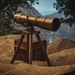 a telescope sits on top of a wooden box