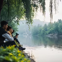 a group of people sitting on the edge of a lake