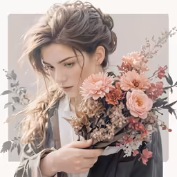 a woman is holding a bunch of flowers