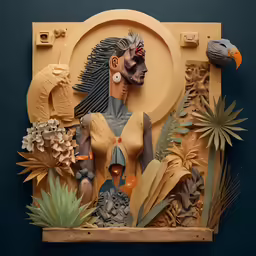a wall sculpture is displayed with flowers and birds