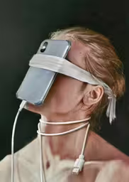 a woman with a face mask strapped on,a woman with a device in her eye
