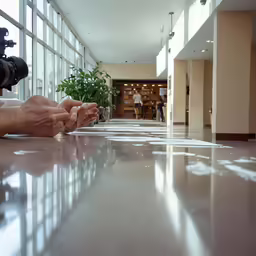 people taking a photo of the floor in the building
