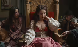 a young lady sits in a large chair as others stand in a room, with one looking on