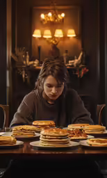 a young girl sitting at the table and checking out some pancakes