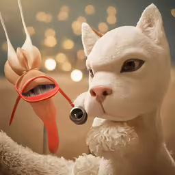 a white cat next to a hair brush and its reflection