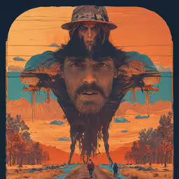 a movie poster for a science film featuring the character of two men,a man standing in front of a large orange sky