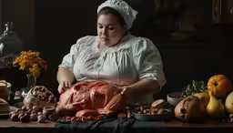a lady is cutting a turkey out on a table full of thanksgiving food