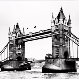 black and white image of two large boats in the water by the bridge