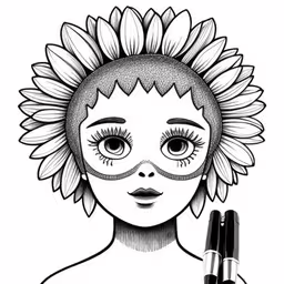 a woman with a flower headdress holding a pen,a lady wearing a sunflower on her head with a black pen in the foreground